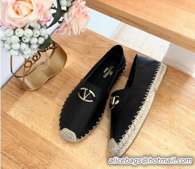 Buy Discount Valentino The Bold Edition VLogo Espadrilles Flats in Grained Calfskin Black 612090