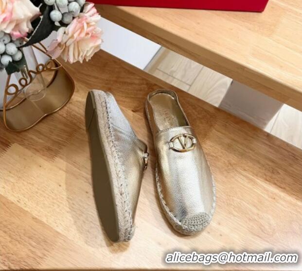 Purchase Valentino The Bold Edition VLogo Espadrille Flat Mules in Grained Calfskin Gold 612091