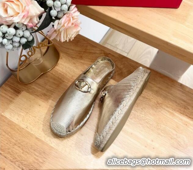 Purchase Valentino The Bold Edition VLogo Espadrille Flat Mules in Grained Calfskin Gold 612091