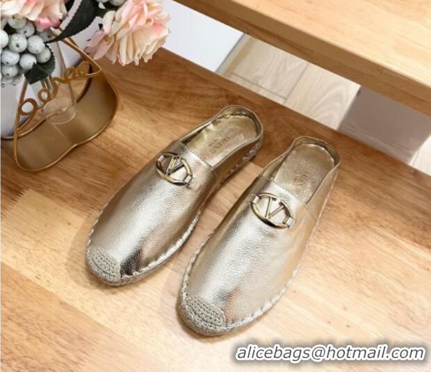 Purchase Valentino The Bold Edition VLogo Espadrille Flat Mules in Grained Calfskin Gold 612091