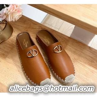 Cheap Price Valentino The Bold Edition VLogo Espadrille Flat Mules in Grained Calfskin Brown 612092