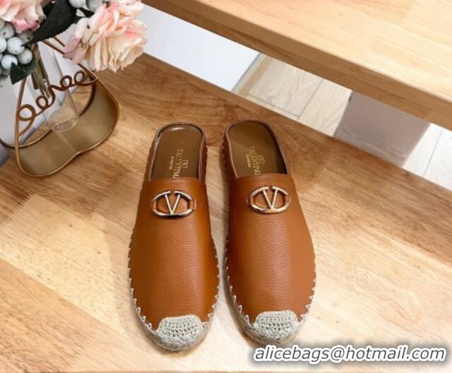 Cheap Price Valentino The Bold Edition VLogo Espadrille Flat Mules in Grained Calfskin Brown 612092