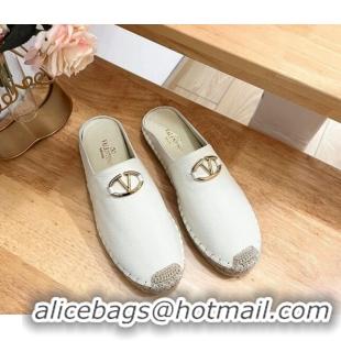 Best Grade Valentino The Bold Edition VLogo Espadrille Flat Mules in Grained Calfskin White 612093