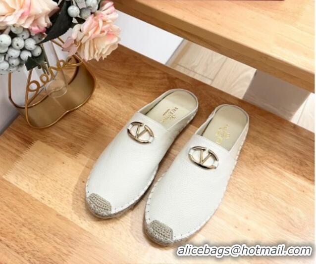 Best Grade Valentino The Bold Edition VLogo Espadrille Flat Mules in Grained Calfskin White 612093