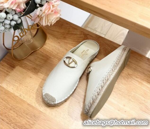 Best Grade Valentino The Bold Edition VLogo Espadrille Flat Mules in Grained Calfskin White 612093