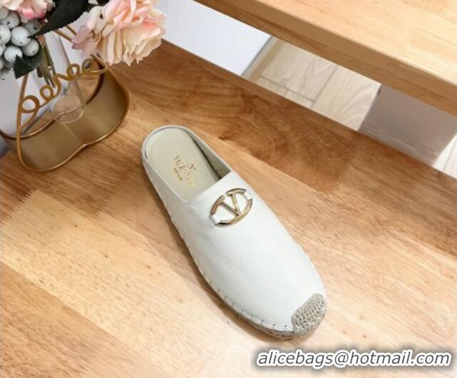 Best Grade Valentino The Bold Edition VLogo Espadrille Flat Mules in Grained Calfskin White 612093