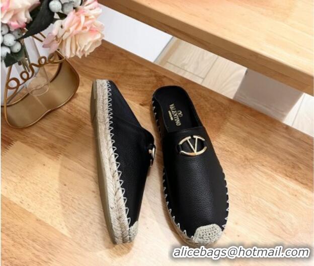 Pretty Style Valentino The Bold Edition VLogo Espadrille Flat Mules in Grained Calfskin Black 612094