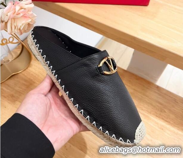 Pretty Style Valentino The Bold Edition VLogo Espadrille Flat Mules in Grained Calfskin Black 612094