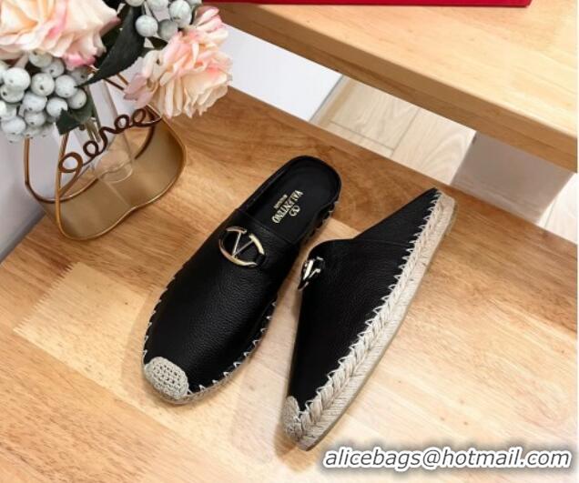 Pretty Style Valentino The Bold Edition VLogo Espadrille Flat Mules in Grained Calfskin Black 612094