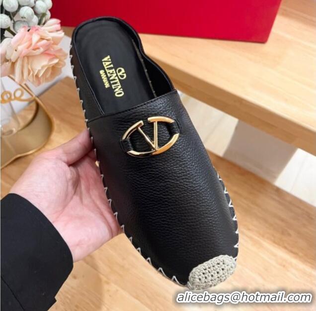 Pretty Style Valentino The Bold Edition VLogo Espadrille Flat Mules in Grained Calfskin Black 612094