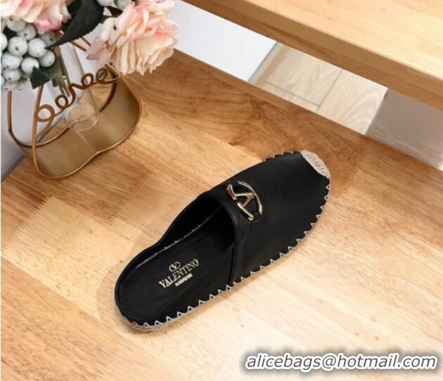 Pretty Style Valentino The Bold Edition VLogo Espadrille Flat Mules in Grained Calfskin Black 612094