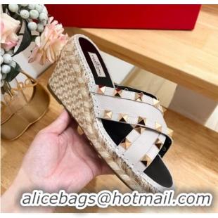 Grade Quality Valentino Rockstud Espadrille Wedge Slides Sandal in Grained Calfskin Grey 612096