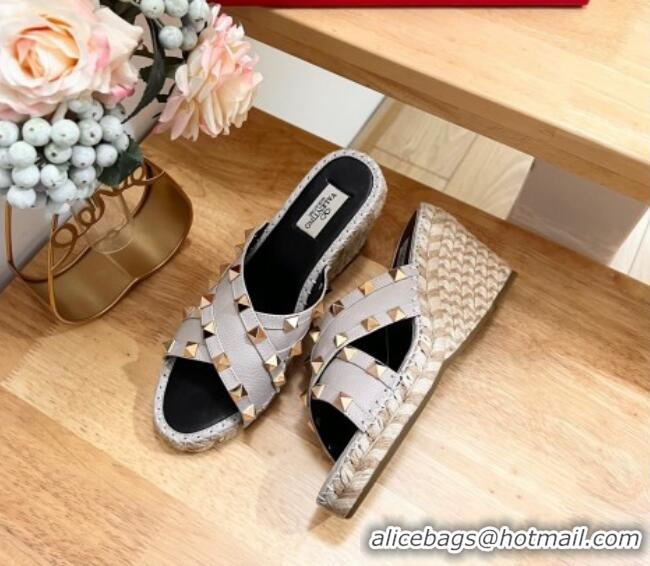 Grade Quality Valentino Rockstud Espadrille Wedge Slides Sandal in Grained Calfskin Grey 612096