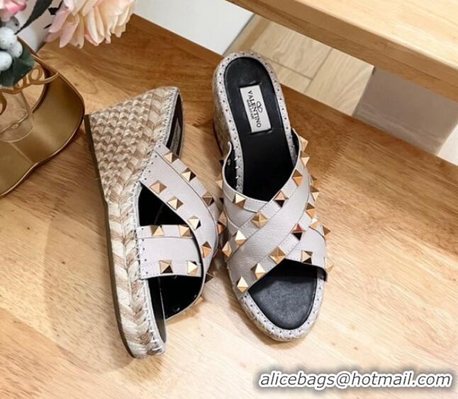 Grade Quality Valentino Rockstud Espadrille Wedge Slides Sandal in Grained Calfskin Grey 612096