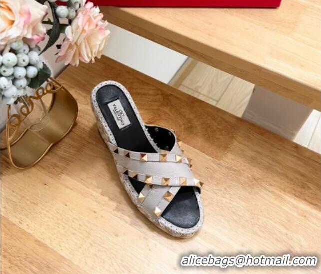 Grade Quality Valentino Rockstud Espadrille Wedge Slides Sandal in Grained Calfskin Grey 612096