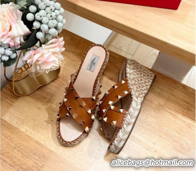 Best Price Valentino Rockstud Espadrille Wedge Slides Sandal in Grained Calfskin Brown 612097