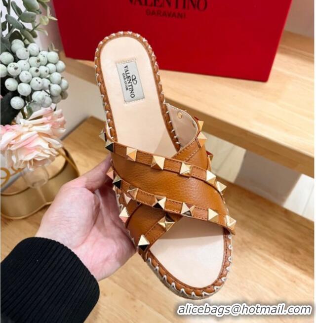 Best Price Valentino Rockstud Espadrille Wedge Slides Sandal in Grained Calfskin Brown 612097