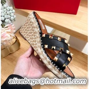 Duplicate Valentino Rockstud Espadrille Wedge Slides Sandal in Grained Calfskin Black 612098