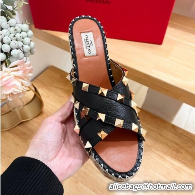 Duplicate Valentino Rockstud Espadrille Wedge Slides Sandal in Grained Calfskin Black 612098