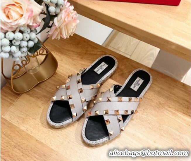 Sophisticated Valentino Rockstud Espadrille Flat Slides Sandal in Grained Calfskin Grey 612101