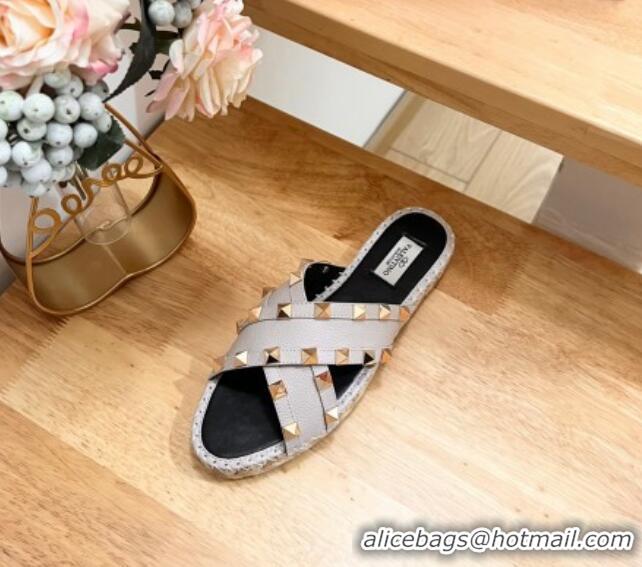 Sophisticated Valentino Rockstud Espadrille Flat Slides Sandal in Grained Calfskin Grey 612101