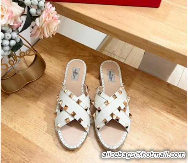 Unique Style Valentino Rockstud Espadrille Flat Slides Sandal in Grained Calfskin White 612102 