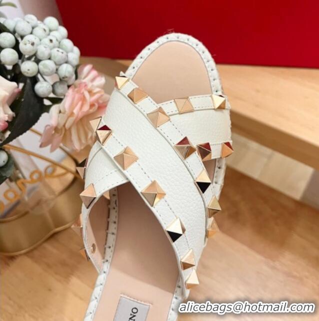 Unique Style Valentino Rockstud Espadrille Flat Slides Sandal in Grained Calfskin White 612102 