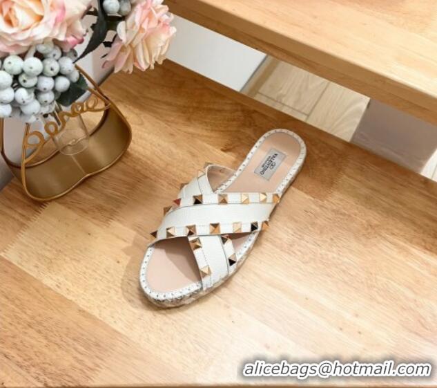 Unique Style Valentino Rockstud Espadrille Flat Slides Sandal in Grained Calfskin White 612102 