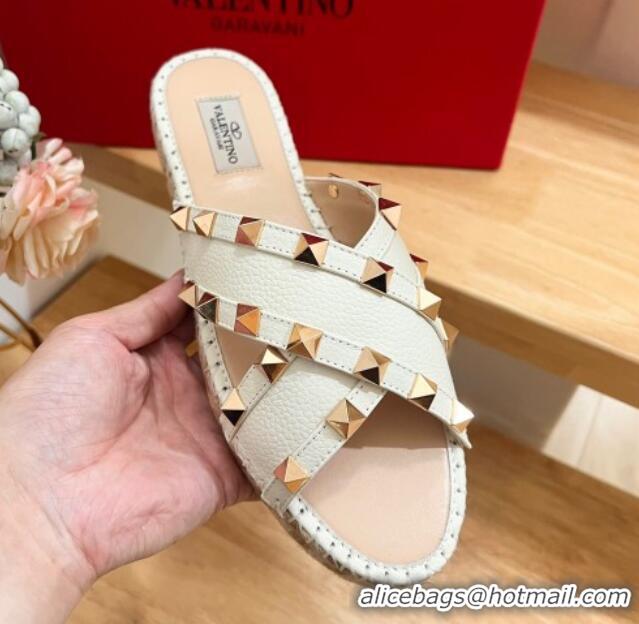 Unique Style Valentino Rockstud Espadrille Flat Slides Sandal in Grained Calfskin White 612102 