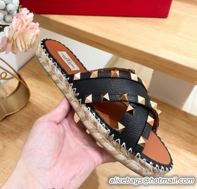 Top Grade Valentino Rockstud Espadrille Flat Slides Sandal in Grained Calfskin Black 612103