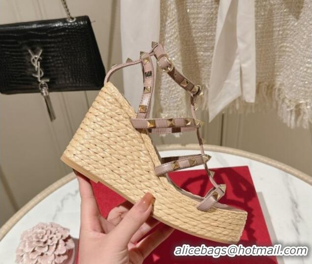 Durable Valentino Rockstud Ankle Strap Wedge Sandals 10cm in Calfskin Pink 612104