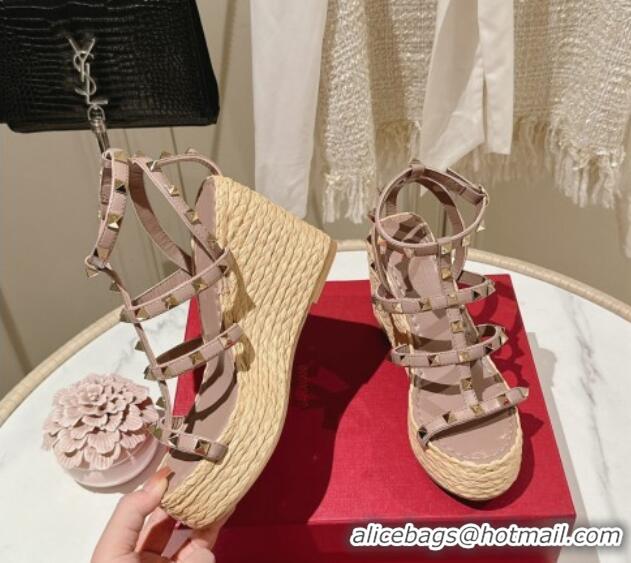 Durable Valentino Rockstud Ankle Strap Wedge Sandals 10cm in Calfskin Pink 612104