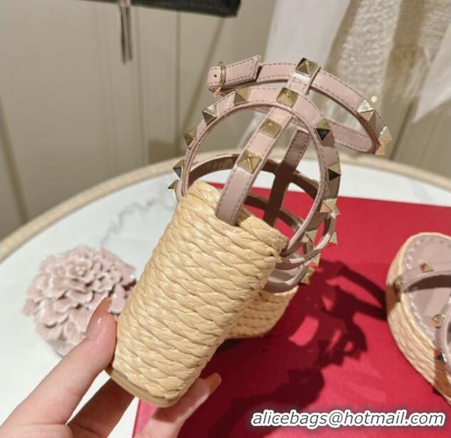 Durable Valentino Rockstud Ankle Strap Wedge Sandals 10cm in Calfskin Pink 612104