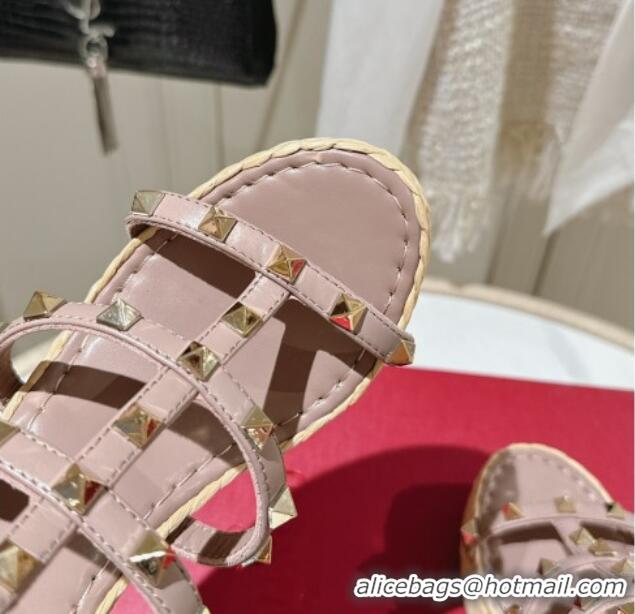 Durable Valentino Rockstud Ankle Strap Wedge Sandals 10cm in Calfskin Pink 612104