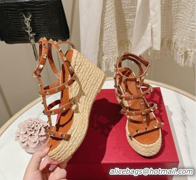 Good Quality Valentino Rockstud Ankle Strap Wedge Sandals 10cm in Calfskin Brown 612105