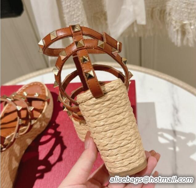 Good Quality Valentino Rockstud Ankle Strap Wedge Sandals 10cm in Calfskin Brown 612105