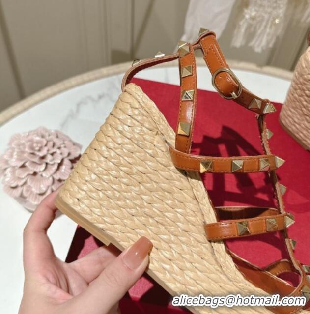 Good Quality Valentino Rockstud Ankle Strap Wedge Sandals 10cm in Calfskin Brown 612105