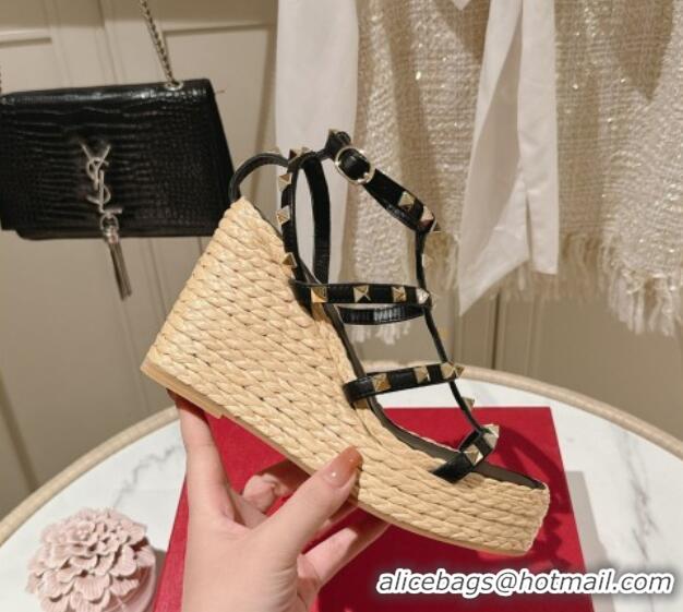 Most Popular Valentino Rockstud Ankle Strap Wedge Sandals 10cm in Calfskin Black 612106