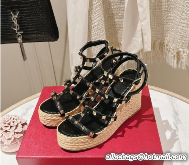 Most Popular Valentino Rockstud Ankle Strap Wedge Sandals 10cm in Calfskin Black 612106