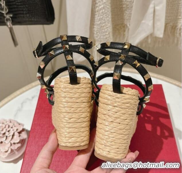 Most Popular Valentino Rockstud Ankle Strap Wedge Sandals 10cm in Calfskin Black 612106