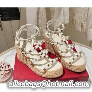 Low Price Valentino Rockstud Ankle Strap Wedge Sandals 10cm in Calfskin White 612107