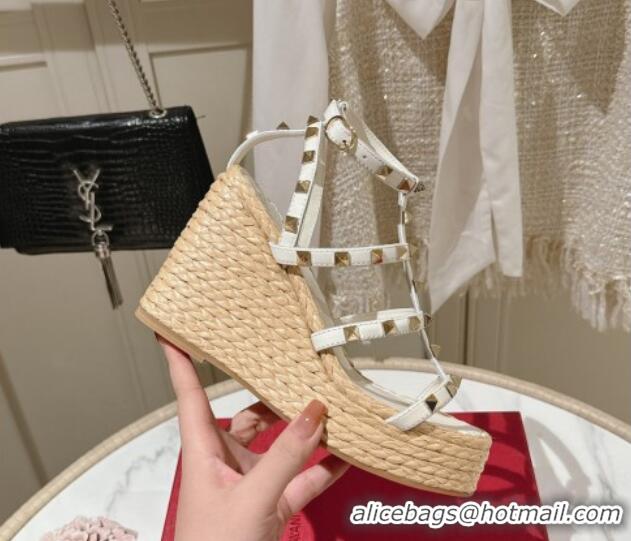 Low Price Valentino Rockstud Ankle Strap Wedge Sandals 10cm in Calfskin White 612107