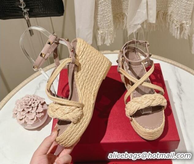 Good Looking Valentino Rockstud Ankle Strap Wedge Sandals 10cm in Calfskin and Straw-Like Pink 612108