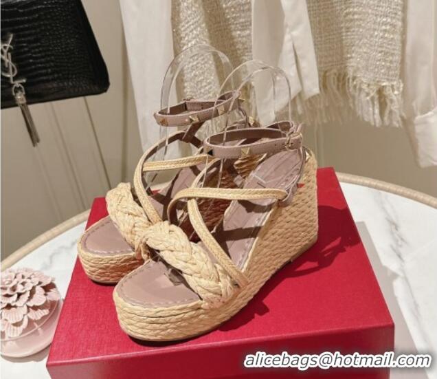 Good Looking Valentino Rockstud Ankle Strap Wedge Sandals 10cm in Calfskin and Straw-Like Pink 612108