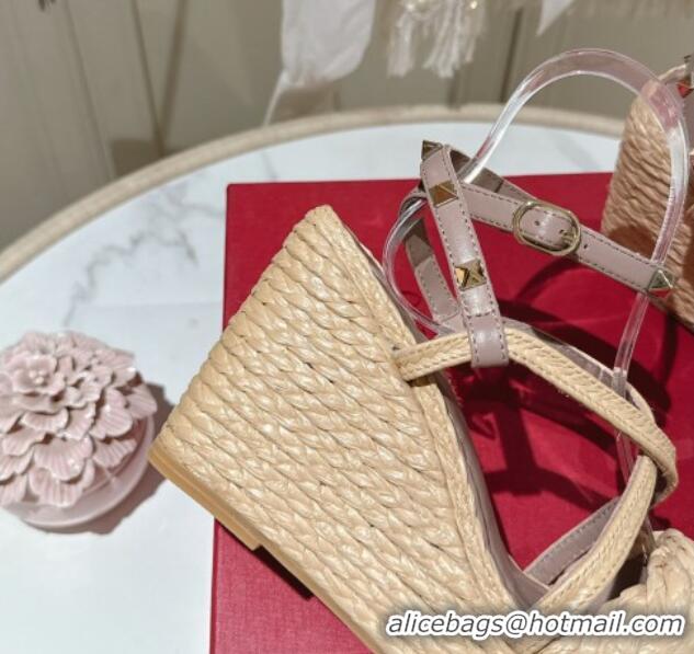 Good Looking Valentino Rockstud Ankle Strap Wedge Sandals 10cm in Calfskin and Straw-Like Pink 612108