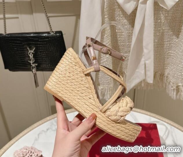 Good Looking Valentino Rockstud Ankle Strap Wedge Sandals 10cm in Calfskin and Straw-Like Pink 612108