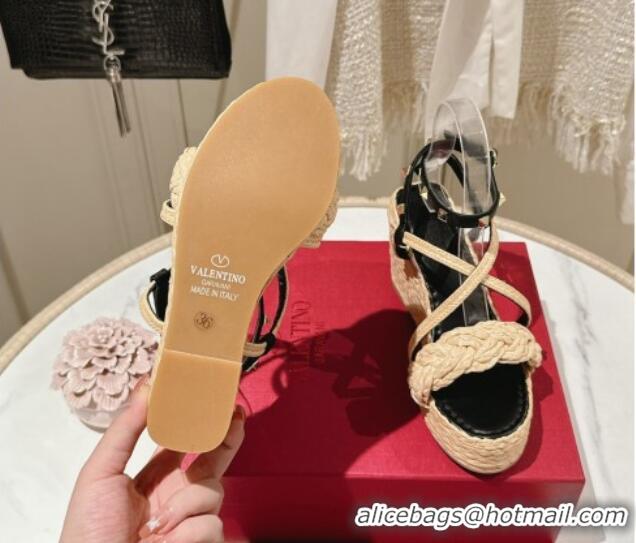 Good Quality Valentino Rockstud Ankle Strap Wedge Sandals 10cm in Calfskin and Straw-Like Black 612109