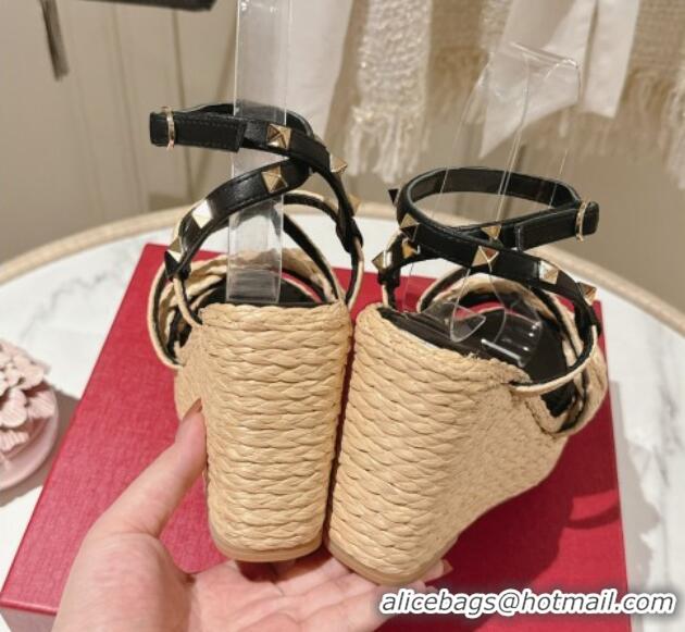 Good Quality Valentino Rockstud Ankle Strap Wedge Sandals 10cm in Calfskin and Straw-Like Black 612109