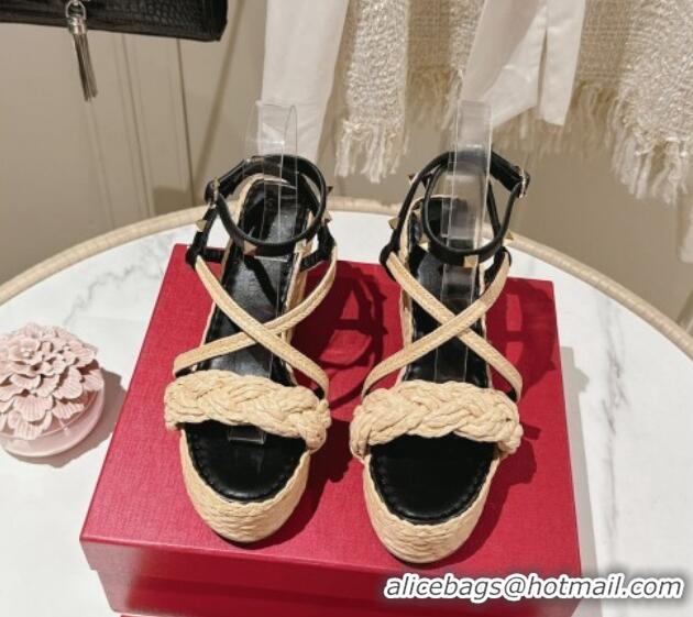 Good Quality Valentino Rockstud Ankle Strap Wedge Sandals 10cm in Calfskin and Straw-Like Black 612109