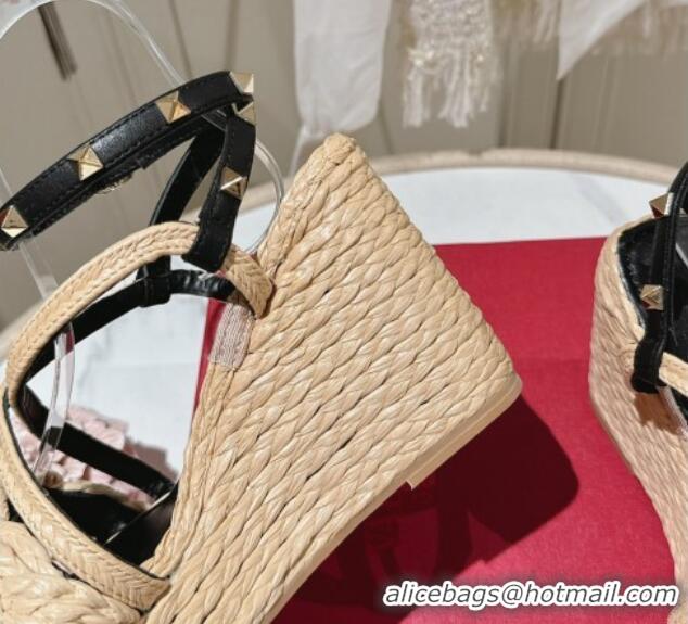 Good Quality Valentino Rockstud Ankle Strap Wedge Sandals 10cm in Calfskin and Straw-Like Black 612109